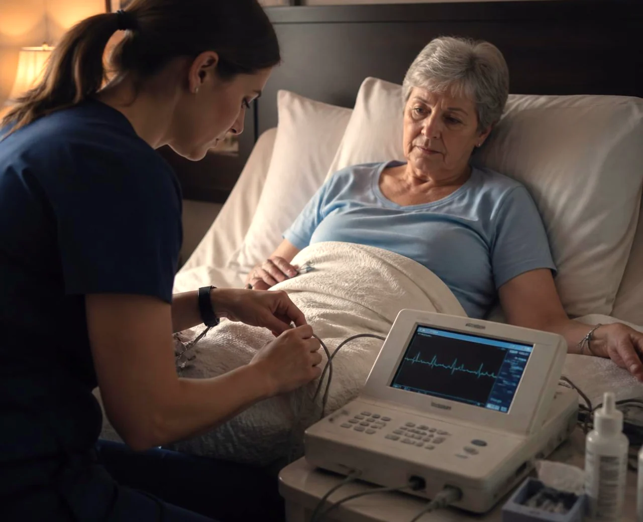 Operatrice esegue un ECG a domicilio a una paziente anziana, a casa a Milano, con elettrocardiografo professionale